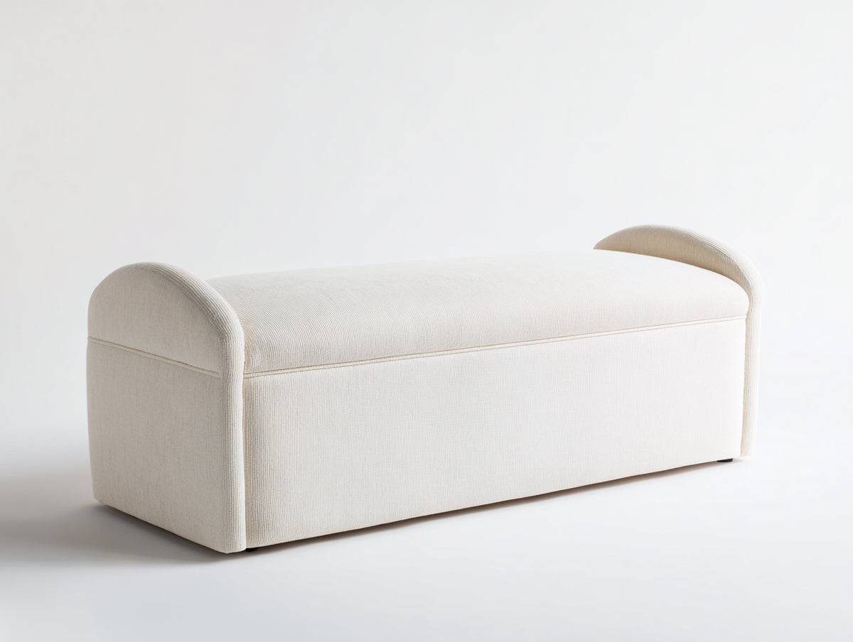 Tabouret 120×40×45 cm - tissu bouclé ivoire - assise longue arrondie pour chambre à coucher