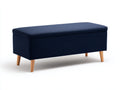 Tabouret coffre 120×45×48 cm - tissu bleu marine et pieds en bois naturel - assise allongée avec rangement pour chambre à coucher