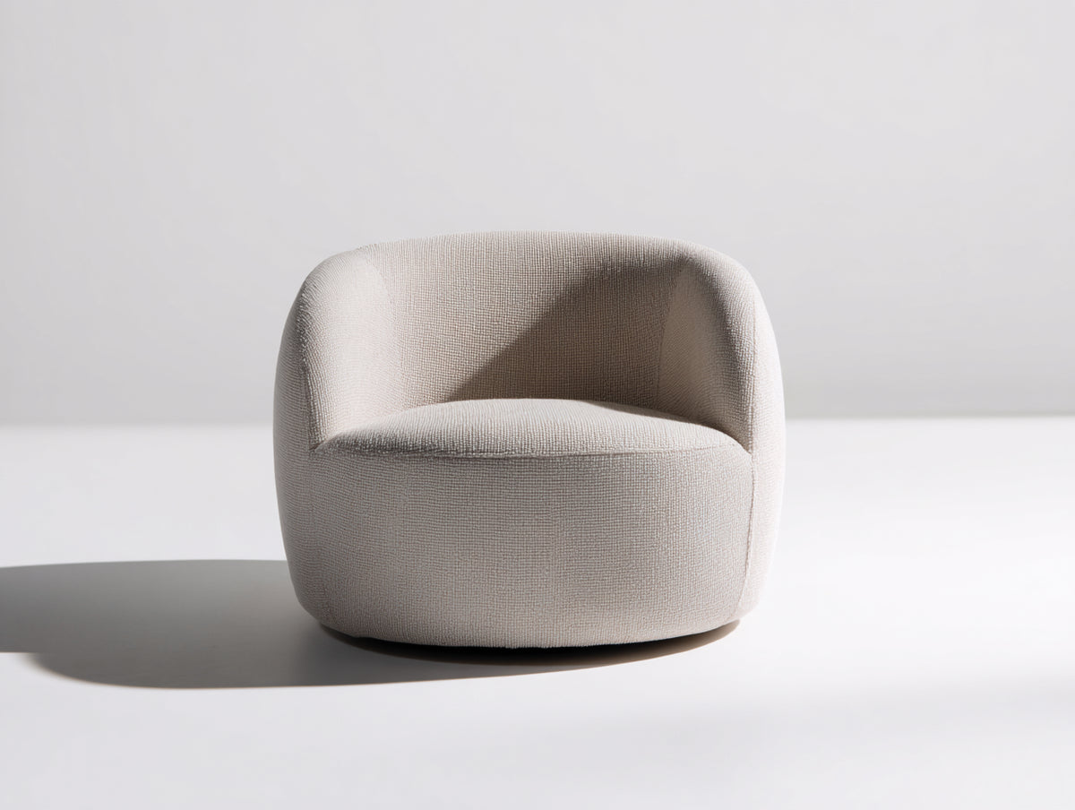 Fauteuil 91×84×75 cm - tissu texturé grège - coque incurvée et assise circulaire avec socle noir pour salon