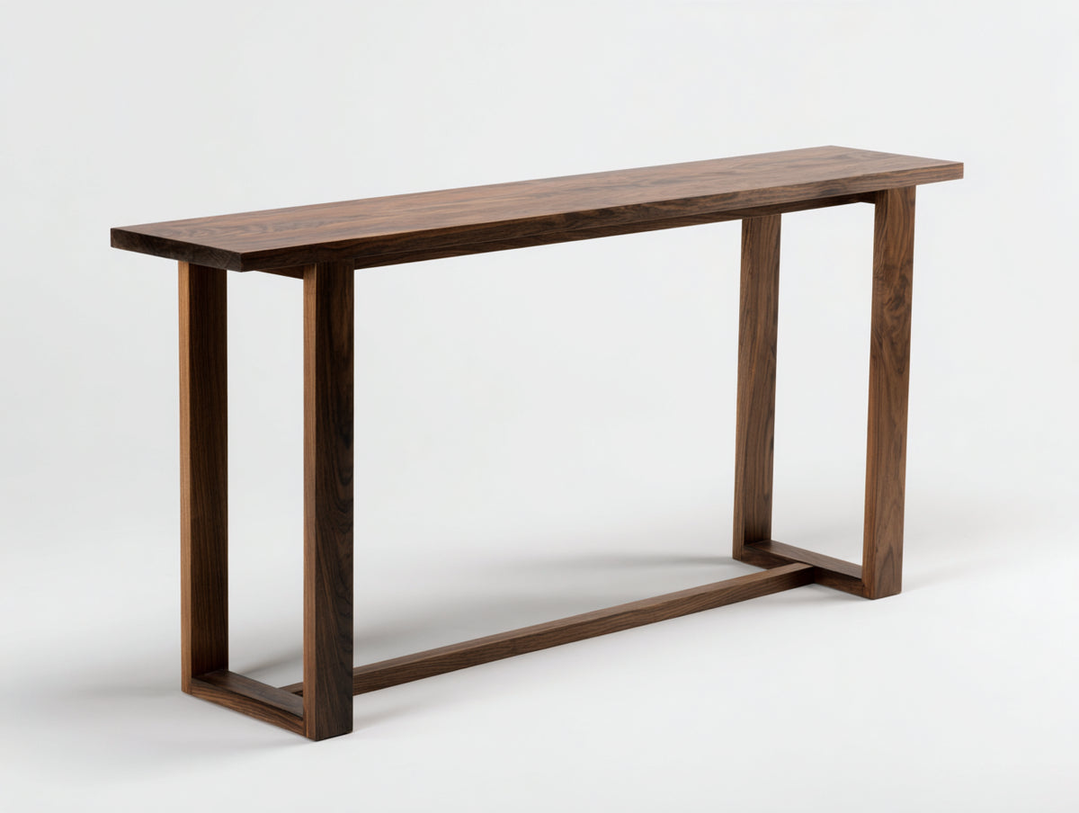 Console 160×34×80 cm - noyer brun sombre - plateau fin avec cadres ouverts et traverse basse pour chambre à coucher