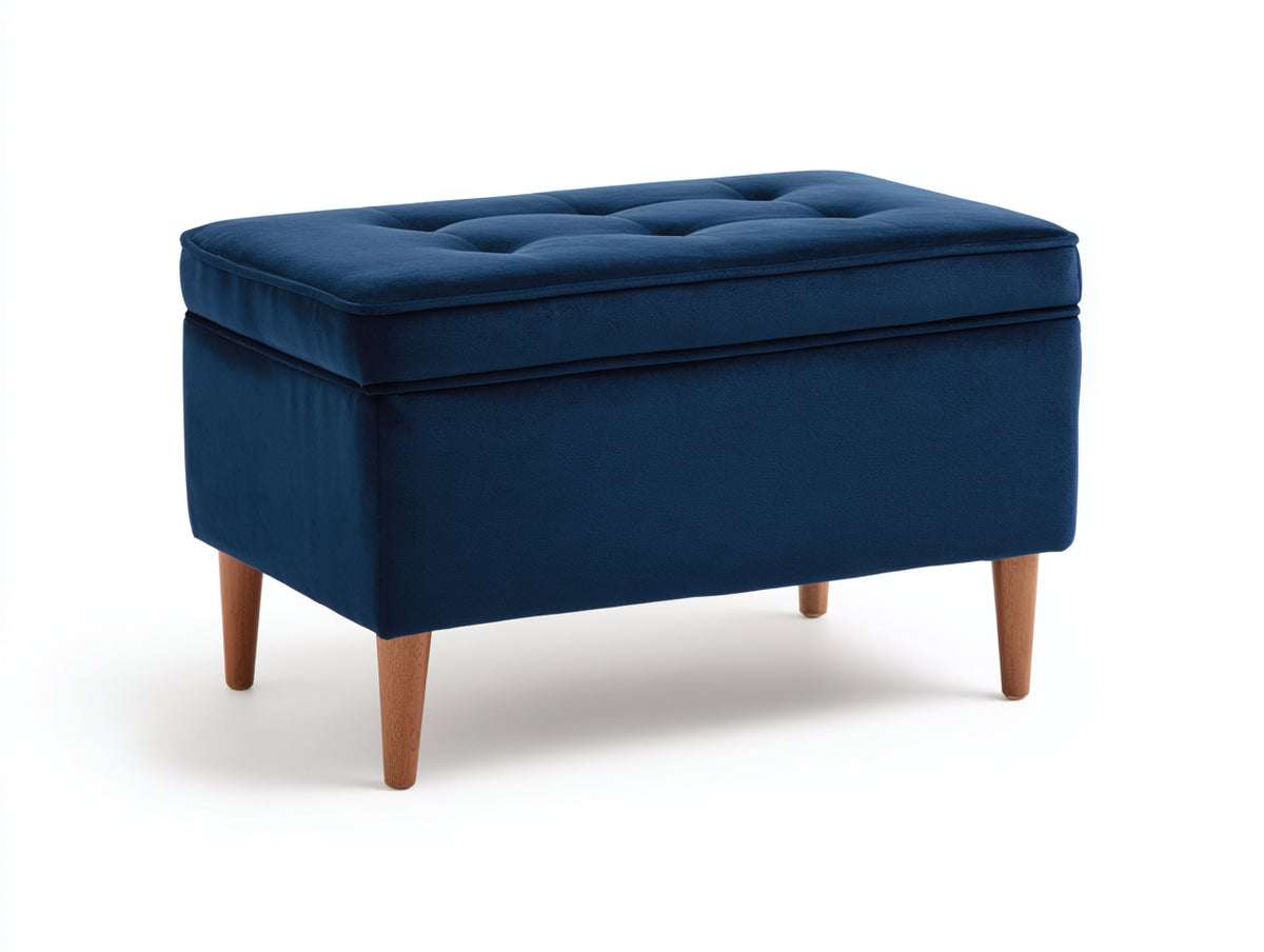 Tabouret 105×50×45 cm - velours bleu profond - pouf rectangulaire capitonné avec pieds bois pour chambre à coucher