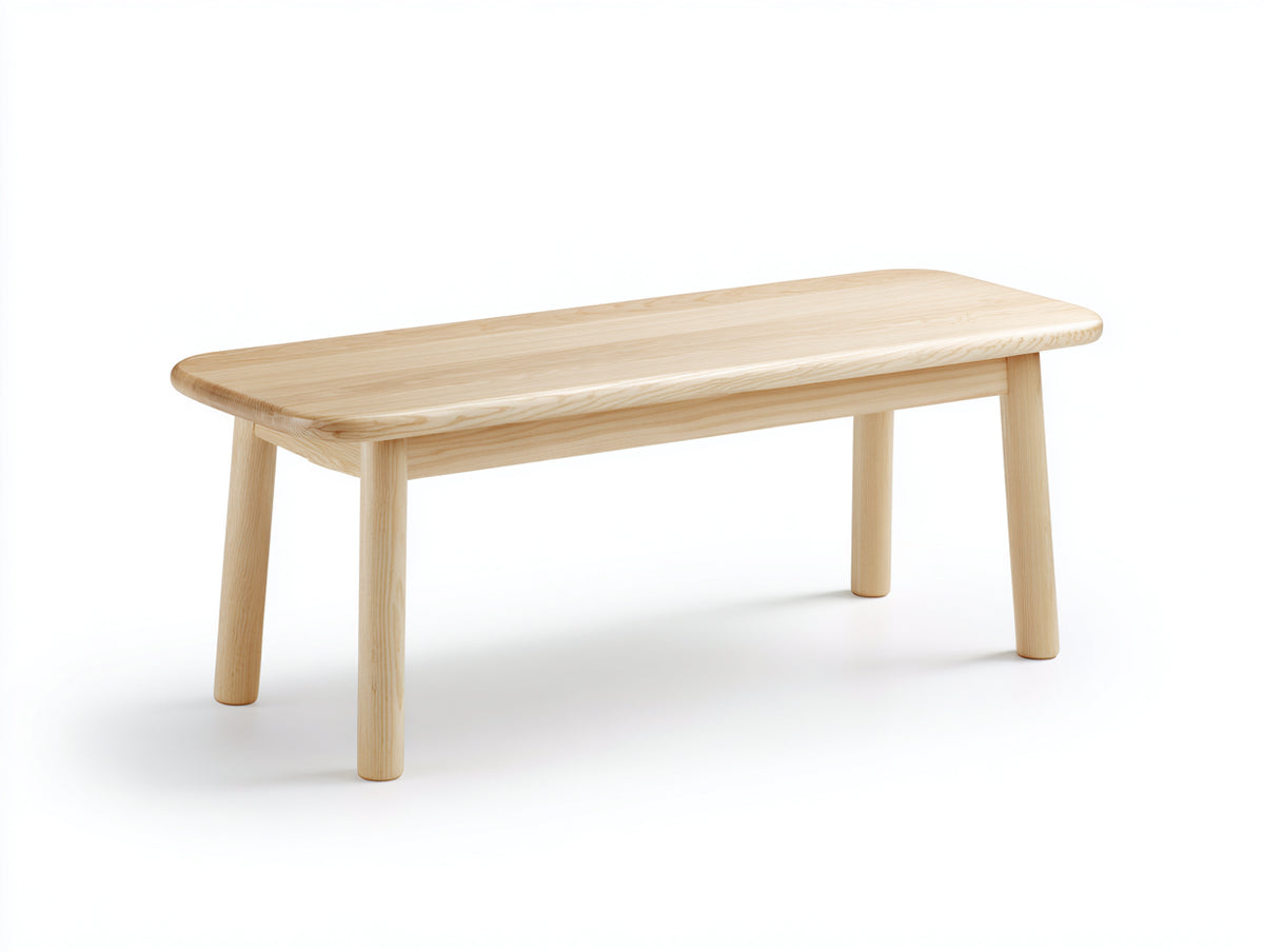 Banc 148×39×45 cm - bois naturel clair - assise à coins arrondis et pieds ronds légèrement évasés pour salle à manger