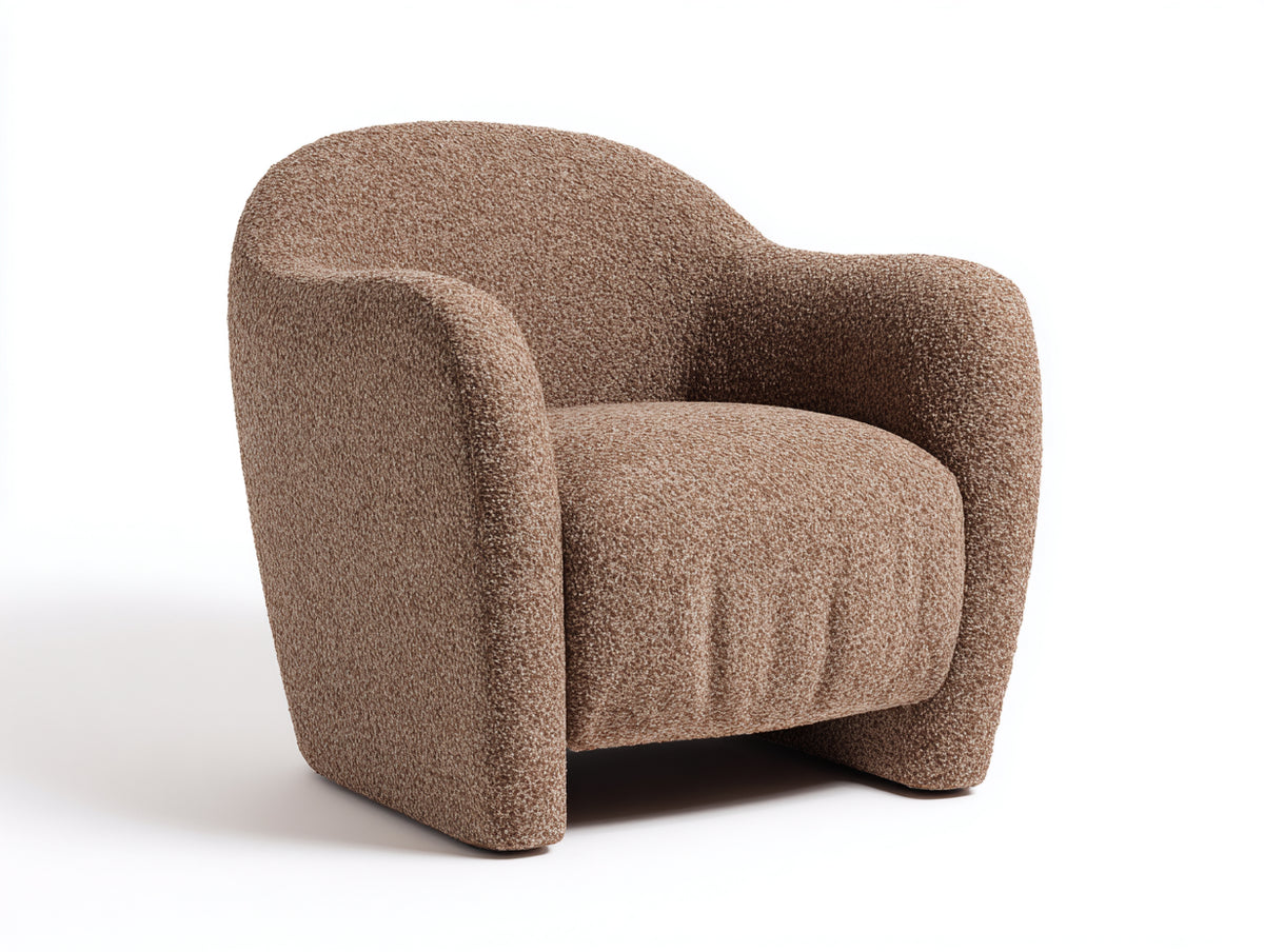 Fauteuil 90×86×85 cm - tissu bouclé brun cannelle - dossier galbé et assise rainurée pour salon