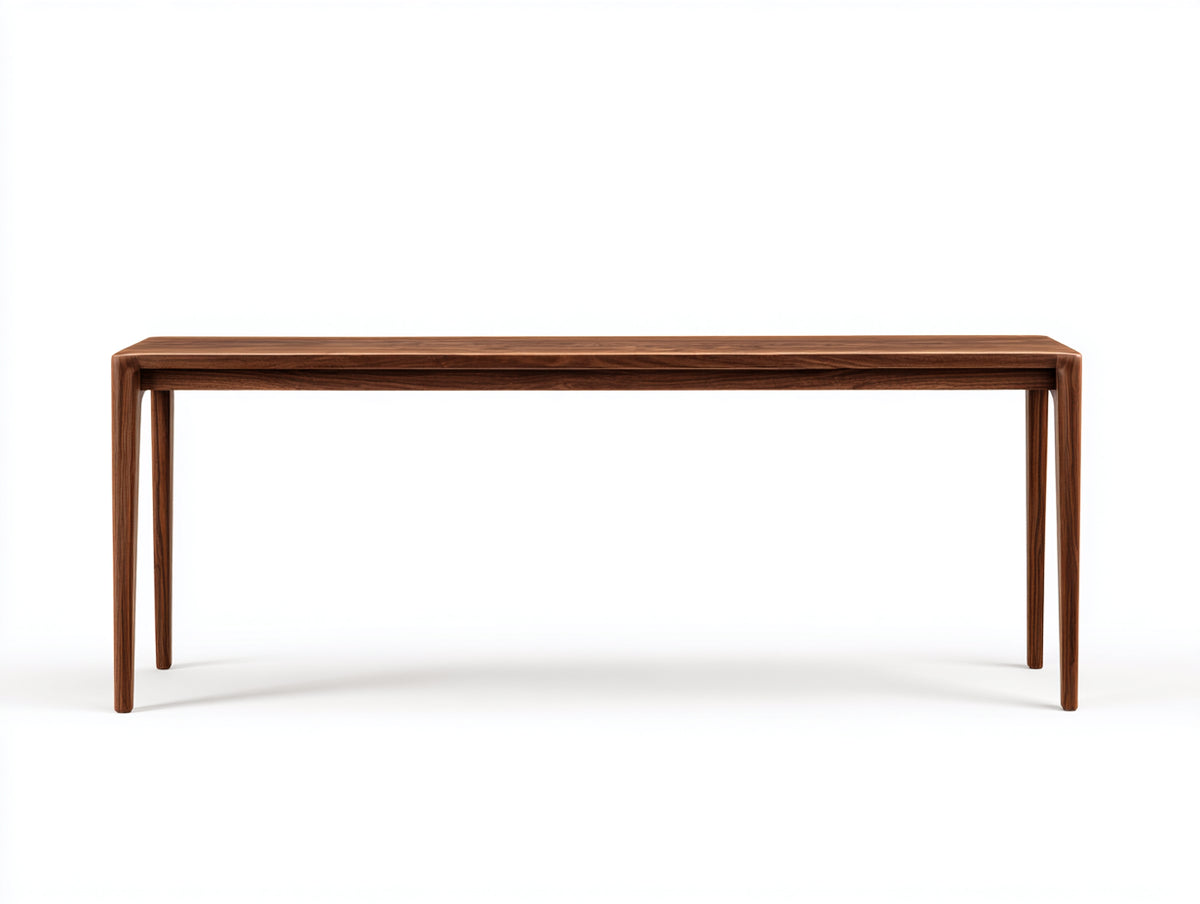 Console 170×38×78 cm - noyer brun profond - plateau à chants galbés et quatre pieds fuselés pour chambre à coucher