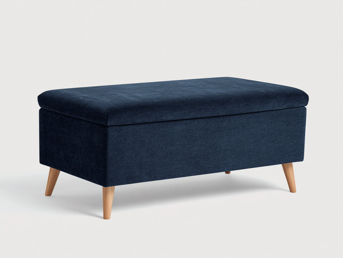Tabouret coffre 100×55×48 cm - velours bleu nuit et piètement en bois clair - couvercle épais avec espace de rangement pour chambre à coucher
