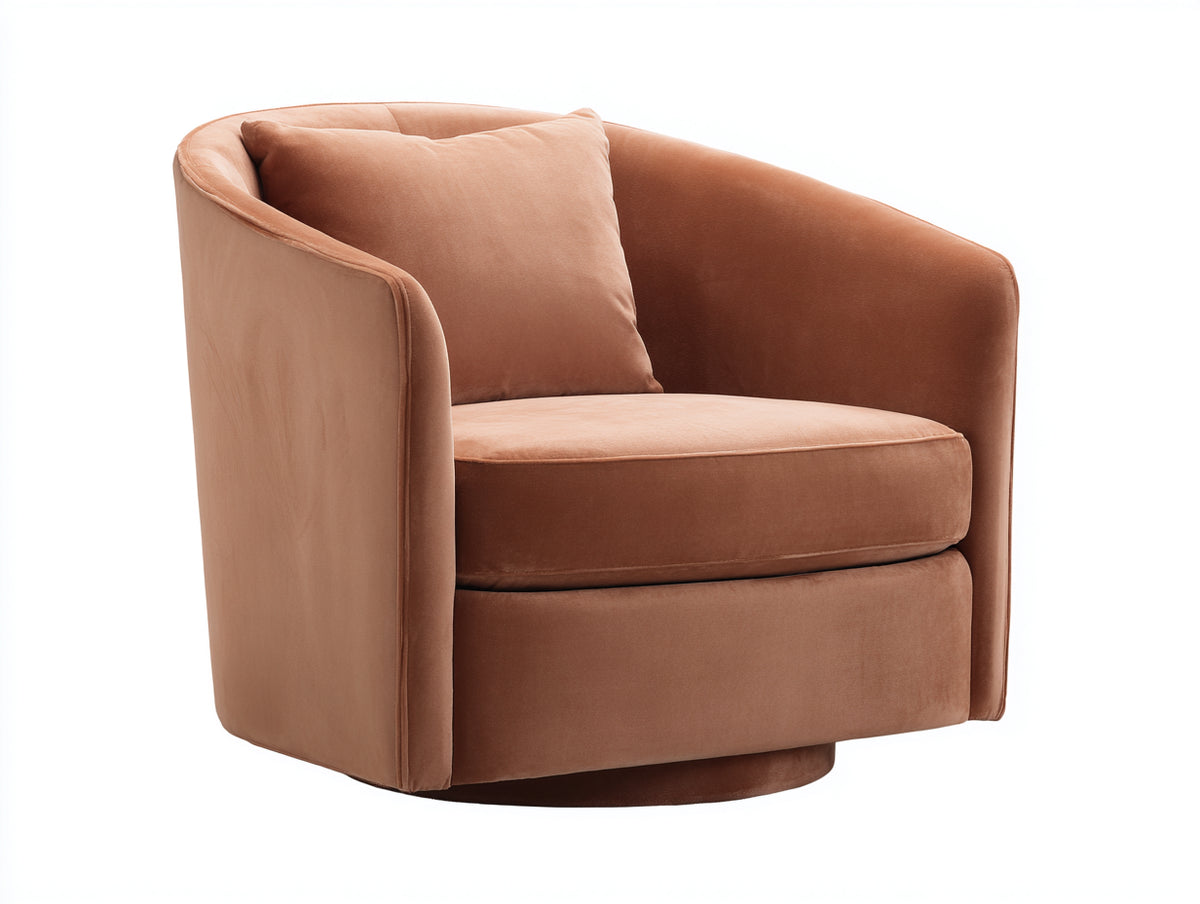 Fauteuil 94×88×80 cm - velours terracotta clair - coque enveloppante et socle pivotant brun foncé pour salon